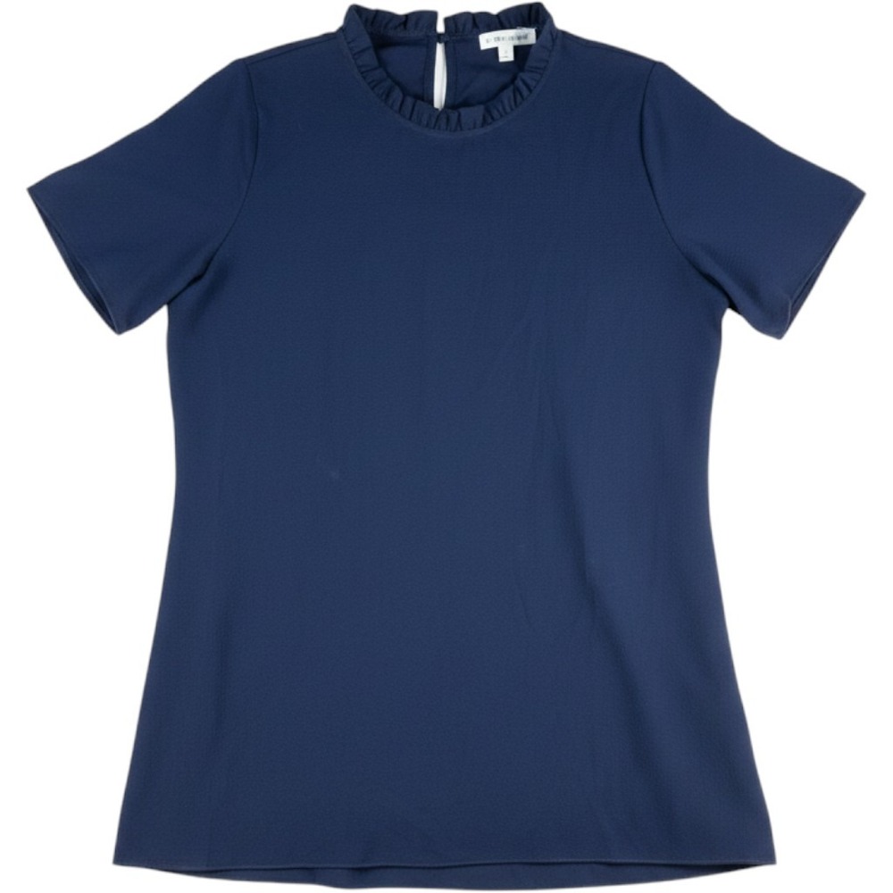 Downeast Ruffle Neck Blouse Short Sleeve Navy Blue Large Polyester Women